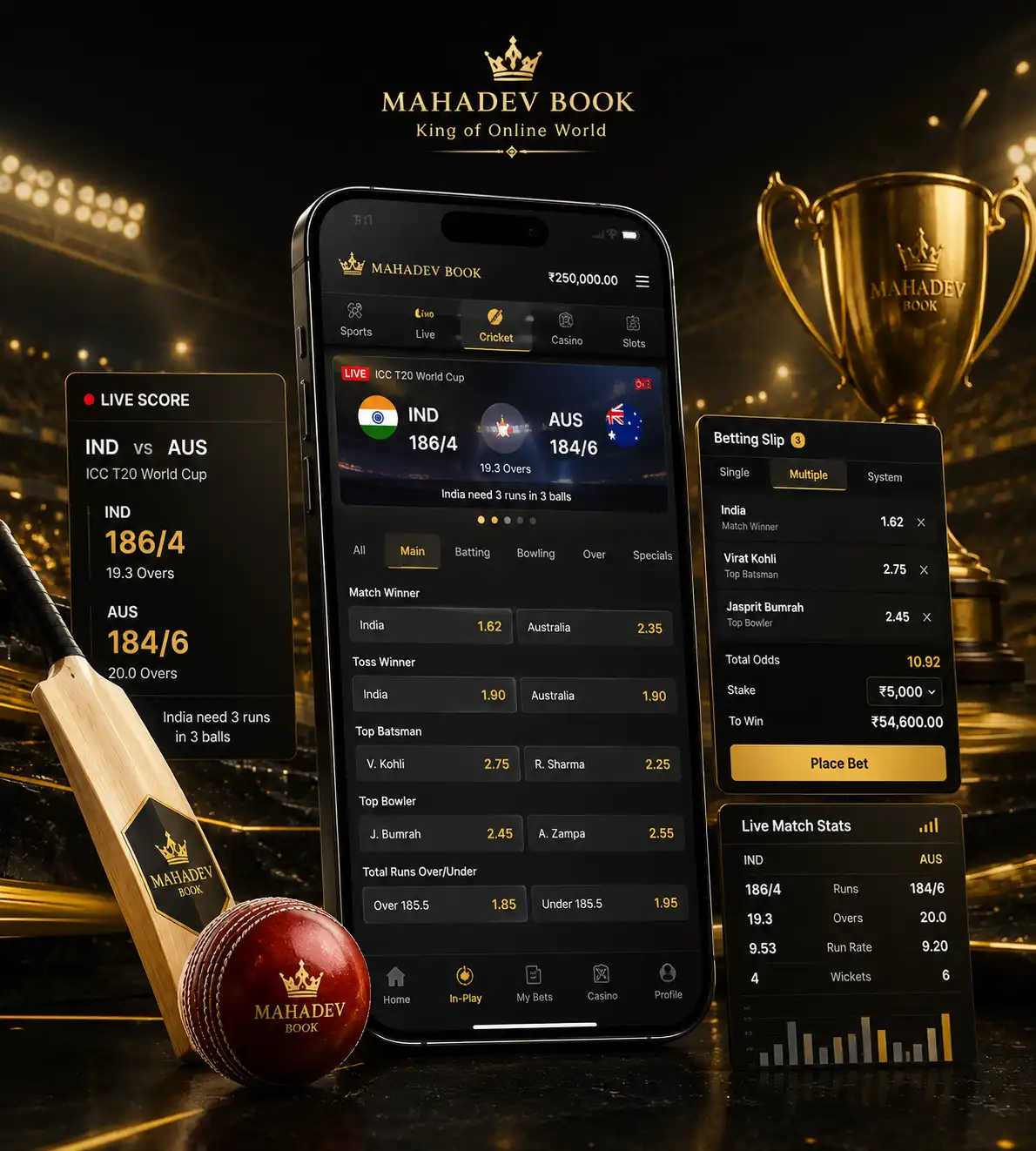 Premium sportsbook dashboard with mobile device, cricket elements, and black-and-gold luxury theme